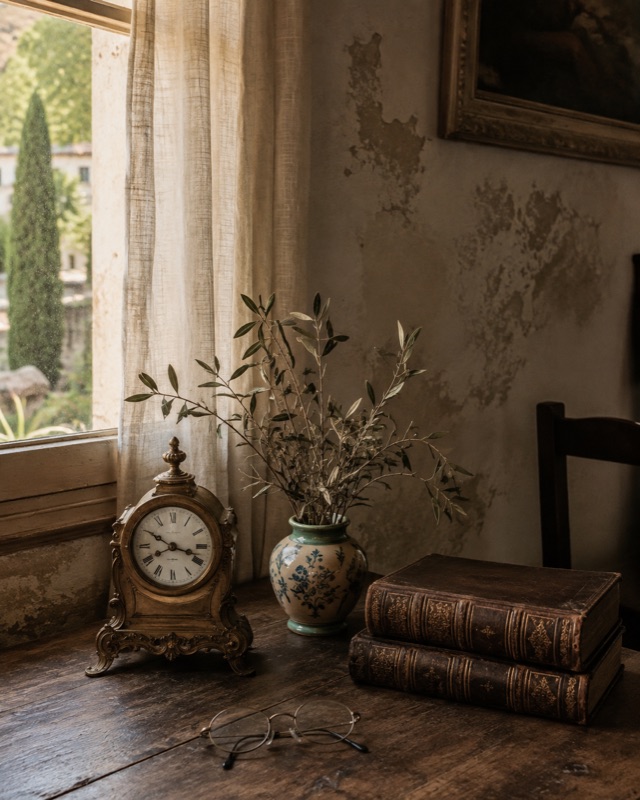 Orologio antico, ceramica e libri su un tavolo in una casa storica